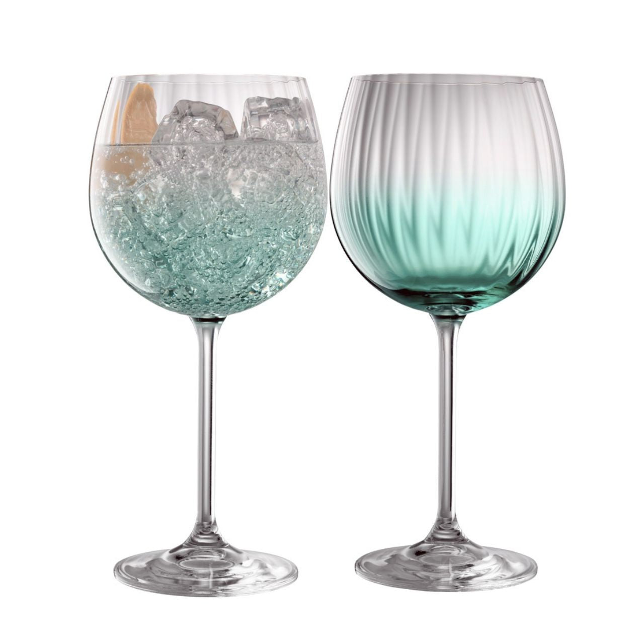 Galway Crystal Erne Gin & Tonic Pair Aqua  Aqua colour Gin and Tonic glasses in the Erne suite. Beautiful large balloon gin glasses with elegant lines design in an Aqua colour. The glass has been designed to add a splash of colour and light design to a stunning gin glass.