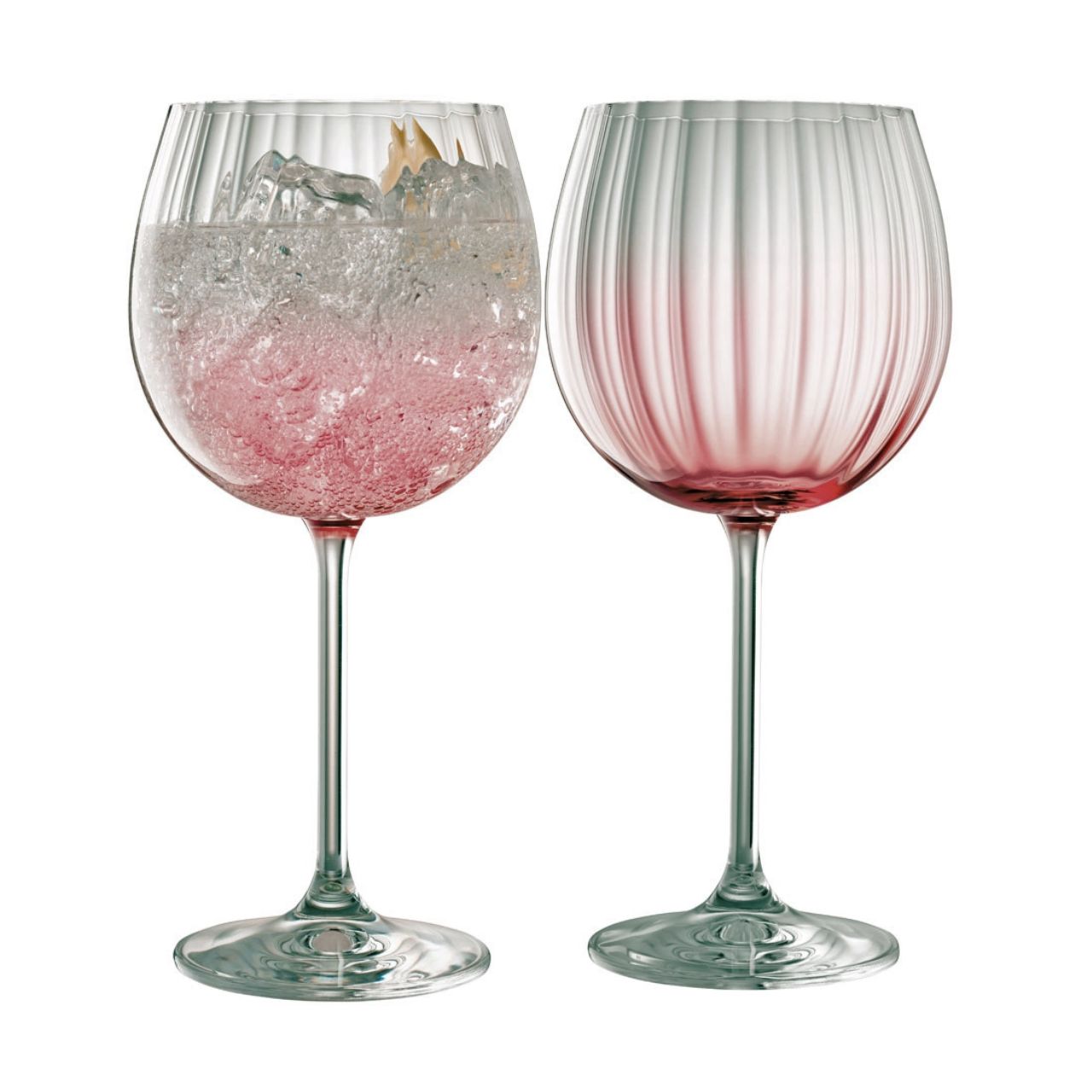 Galway Crystal Erne Gin & Tonic Glass Pair Blush  Blush colour Gin and Tonic glasses in the Erne suite from Galway Irish Crystal. Beautiful large balloon gin glasses with an elegant lines design in a light blush colour. The glass has been designed to add a splash of colour and light design to a stunning gin glass.