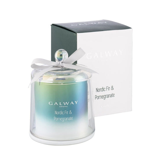 Galway Crystal Nordic Fir & Pomegranate Scented Candle  Transport yourself to a special place with the perfect fragrance for your home. Our Nordic Fir & Pomegranate scent will transform any room and certainly set the right mood. Leafy green Eucalyptus & crisp pine top notes are delicately blended with middle notes of fruity pomegranate, delicate rosewood & citrusy bergamot.