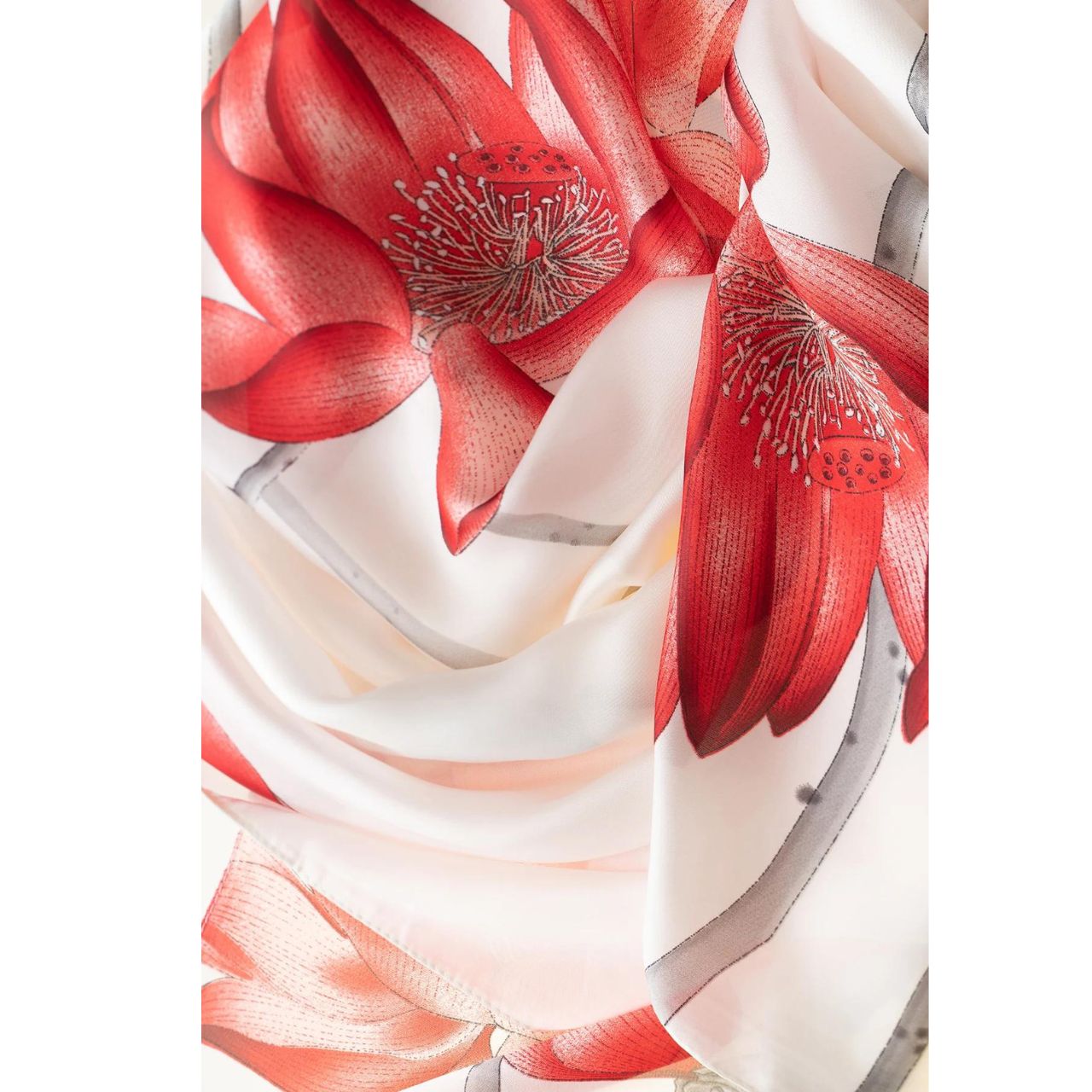 Red Lillies Polyester Scarf  Our Red Lillies Polyester Scarf is the perfect rich colour that will draw attention and complement any outfit. This rich, soft and comfortable scarf is a must have and also comes in a beautiful box ready for gifting. A touch of luxury for everyday life and perfect for all seasons.