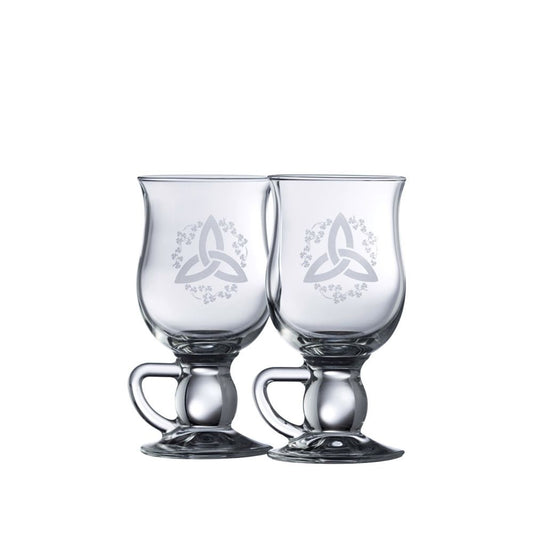 Trinity Knot Latte Mugs Pair by Galway Crystal  Feel the warmth of your coffee through the beautiful Galway Crystal Irish Blessing Latte Mugs. An ideal finishing touch to a meal, or just for the end of a very long day. Perfect use for a special occasion or treat yourself to fine dining everyday. Ideal for lattes, coffees and other hot beverages.