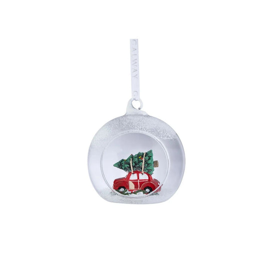 Add a touch of nostalgic wanderlust to your holiday tree. This sparkling crystal bauble features an intricately designed vintage car carrying home the seasonal spirit, capturing classic winter memories.