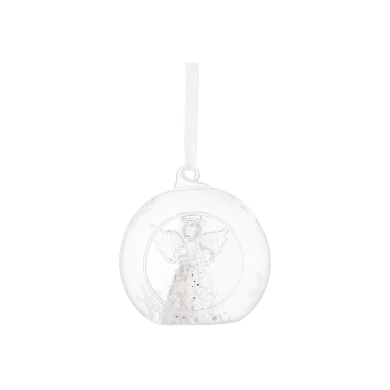 Take a peek into this magical Hanging Bauble. Featuring a sparkling Angel ready to hang on your Christmas tree. This ornament is sure to stand out on your tree. Display with other baubles from this range.