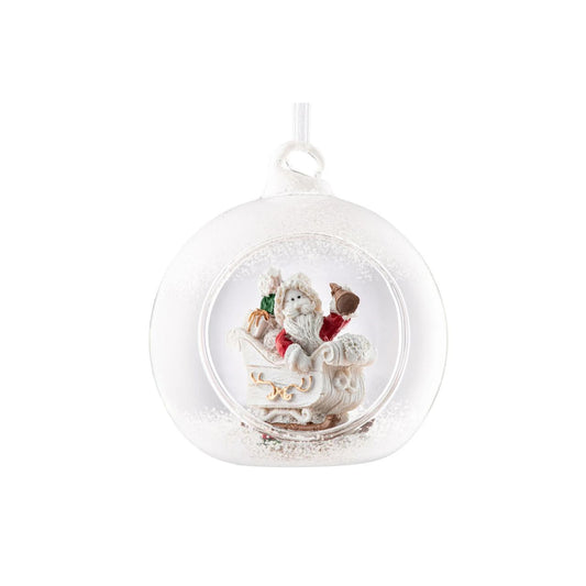 Take a peek into this magical Hanging Bauble. Featuring a jolly Santa in his Sleigh ready to deliver lots of Christmas presents. Ready to hang this ornament is sure to stand out on your tree. Display with other baubles from this range.
