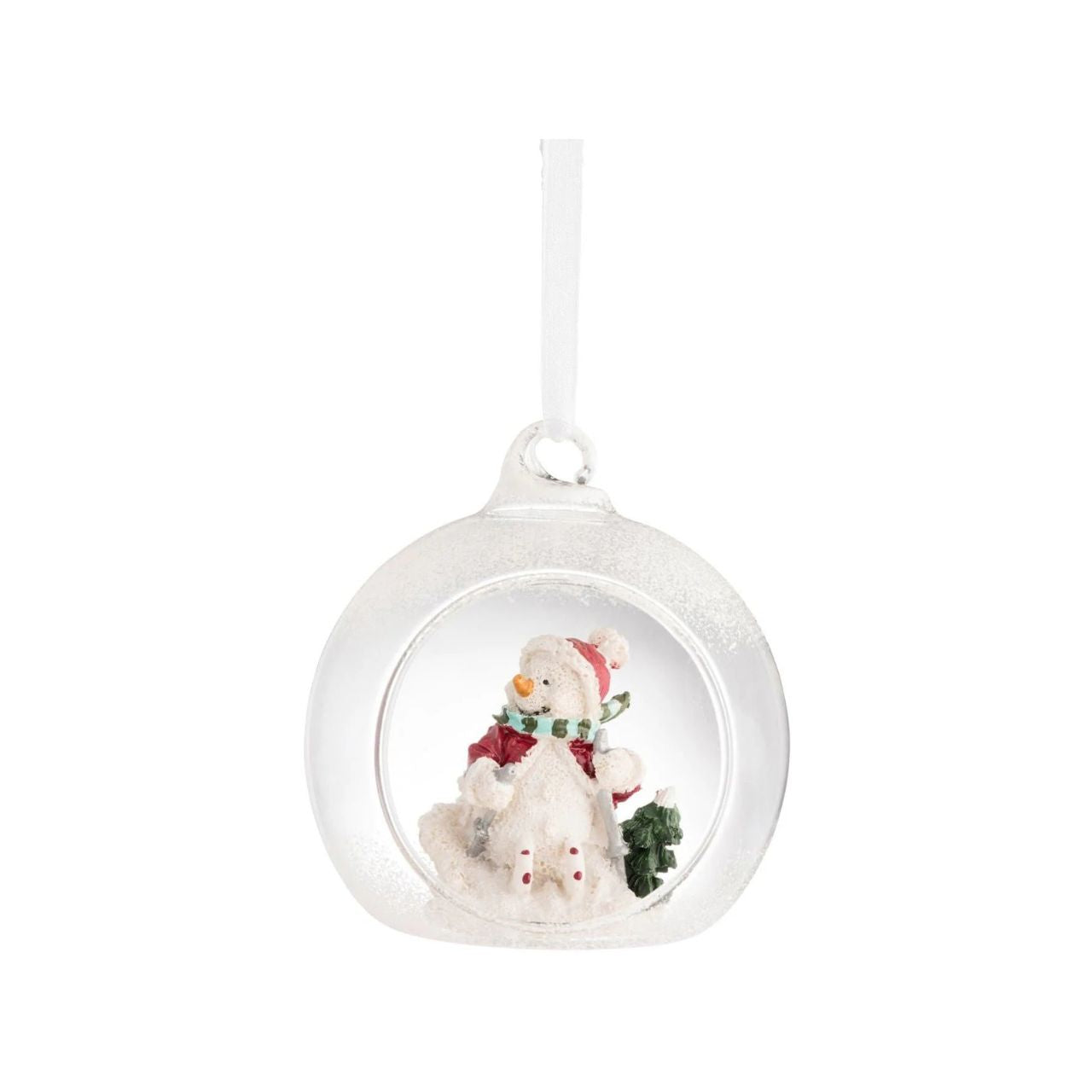 Take a peek into the world of this little Skiing Snowman. This frosted bauble displays a happy snowman skiing down a winter mountain. This hanging ornament is bound to stand out on your tree this year as the colours used are eye catching.&nbsp;