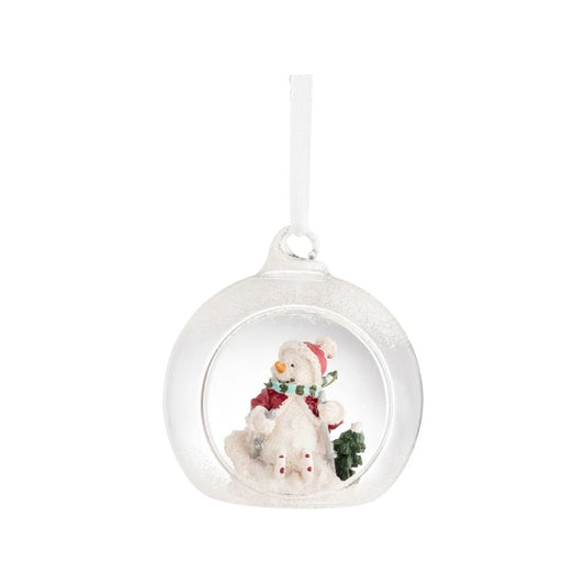 Take a peek into the world of this little Skiing Snowman. This frosted bauble displays a happy snowman skiing down a winter mountain. This hanging ornament is bound to stand out on your tree this year as the colours used are eye catching.&nbsp;