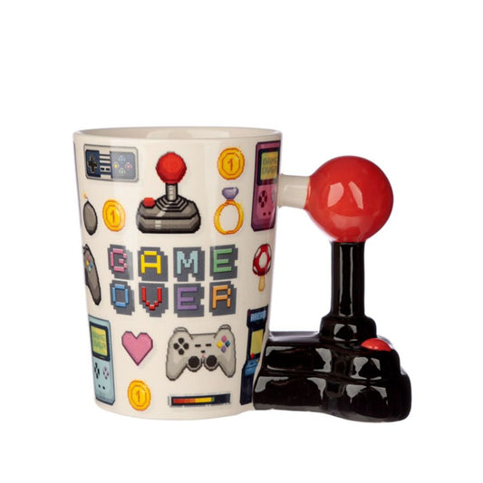 Game Over Joystick with Pixel Decal Ceramic Shaped Handle Mug  Experience your favorite games with the perfect companion: this Game Over Joystick with Pixel Decal Ceramic Mug. The exclusive ceramic-shaped cup handle provides a comfortable grip and a classic design, while the pixelated game decal lends an unmistakable retro style. Enjoy a hot cup of coffee or tea while you game!