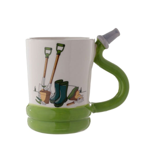 Garden Hose Ceramic Shaped Handle Mug  This ceramic mug has a uniquely designed handle shaped like a garden hose, perfect for your favorite hot beverage. The ceramic construction provides insulation, keeping your drink warm for longer. Enjoy your tea, coffee, or cocoa with the Garden Hose Ceramic Shaped Handle Mug.  An ideal fun gift for family and friends who love a tea or coffee while gardening.