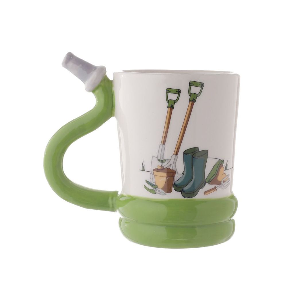 Garden Hose Ceramic Shaped Handle Mug  This ceramic mug has a uniquely designed handle shaped like a garden hose, perfect for your favorite hot beverage. The ceramic construction provides insulation, keeping your drink warm for longer. Enjoy your tea, coffee, or cocoa with the Garden Hose Ceramic Shaped Handle Mug.  An ideal fun gift for family and friends who love a tea or coffee while gardening.