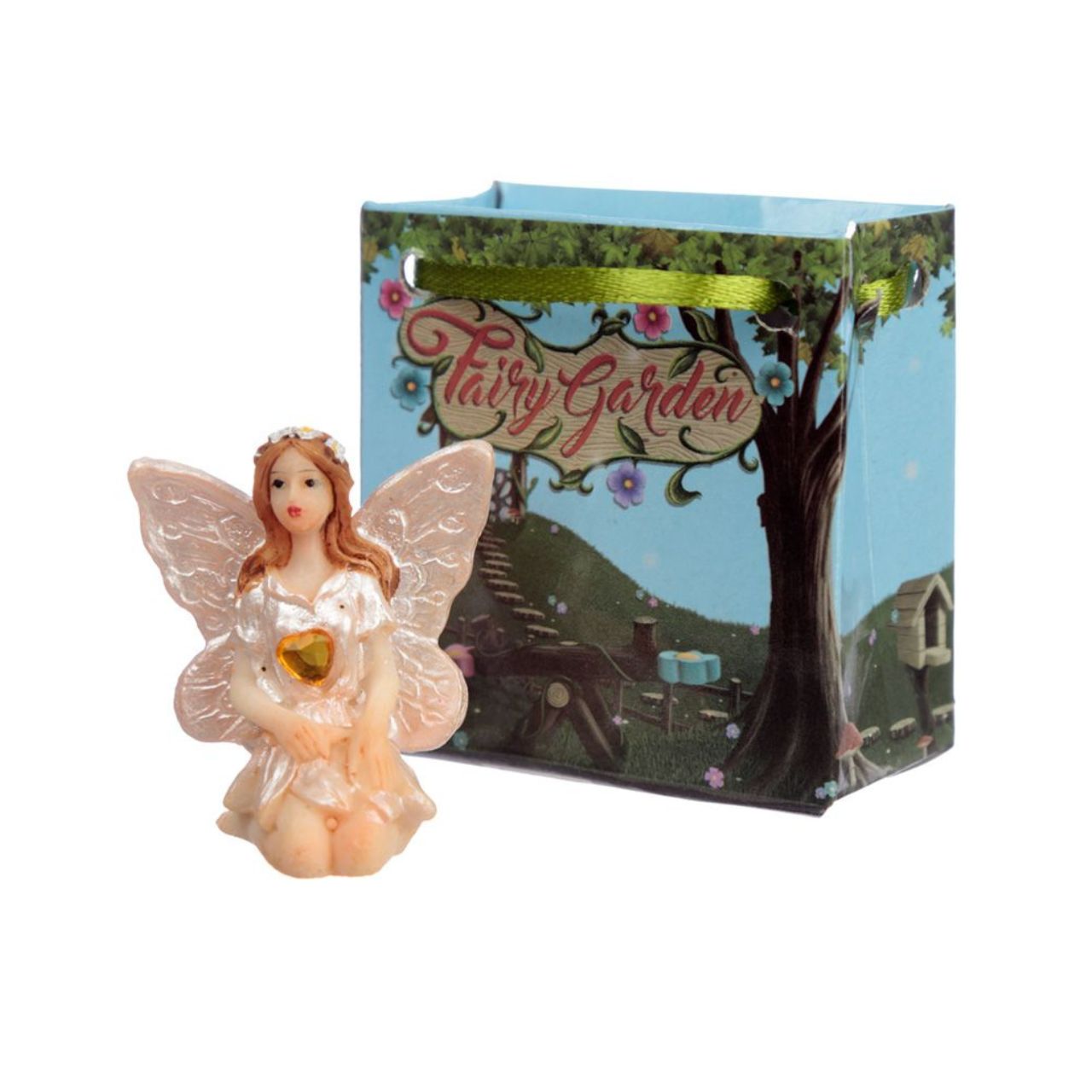 Gemstone Fairy in a Mini Gift Bag  - Material: Resin Figure in a Mini Card Gift Bag with Ribbon Handles - Bag 5.5 x 5.5 x 3 cm Fairy Height 4 cm Width 3.5 cm Depth 2.5 cm