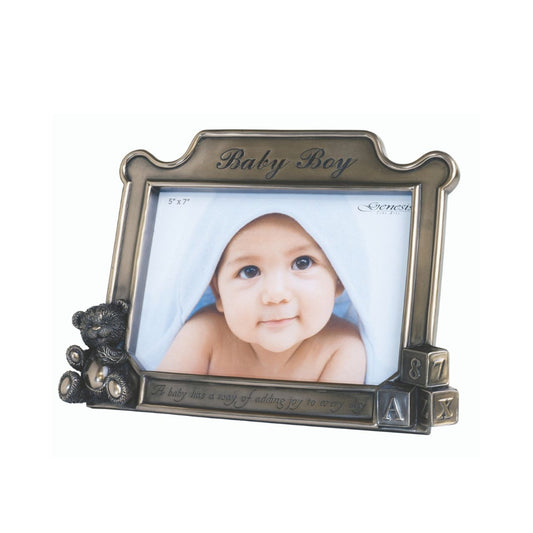 This beautiful photo frame comes with the message inscribed on the front ; "A baby has a way of adding joy to every day." The perfect gift for a new arrival or christening. It holds 5 x 7 photos, and is made of cold cast bronze, measuring an overall 7" x 9''.