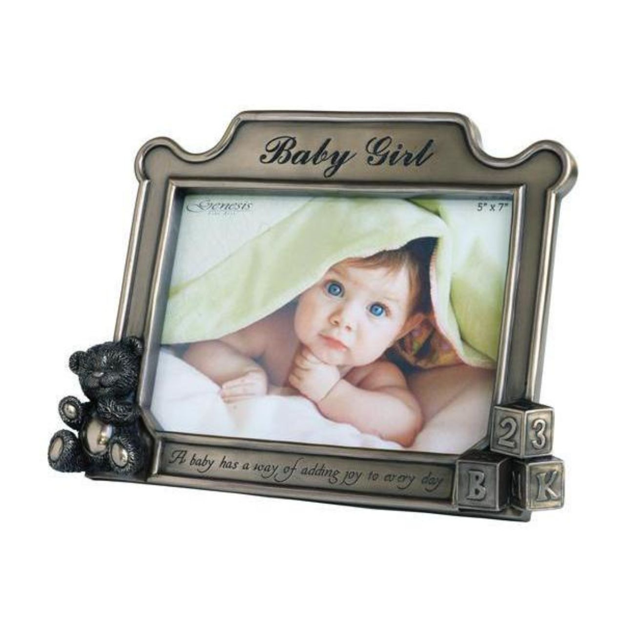 This beautiful photo frame comes with the message inscribed on the front ; "A baby has a way of adding joy to every day." The perfect gift for a new arrival or christening. It holds 5 x 7 photos, and is made of cold cast bronze, measuring,  overall 7" x 9''.