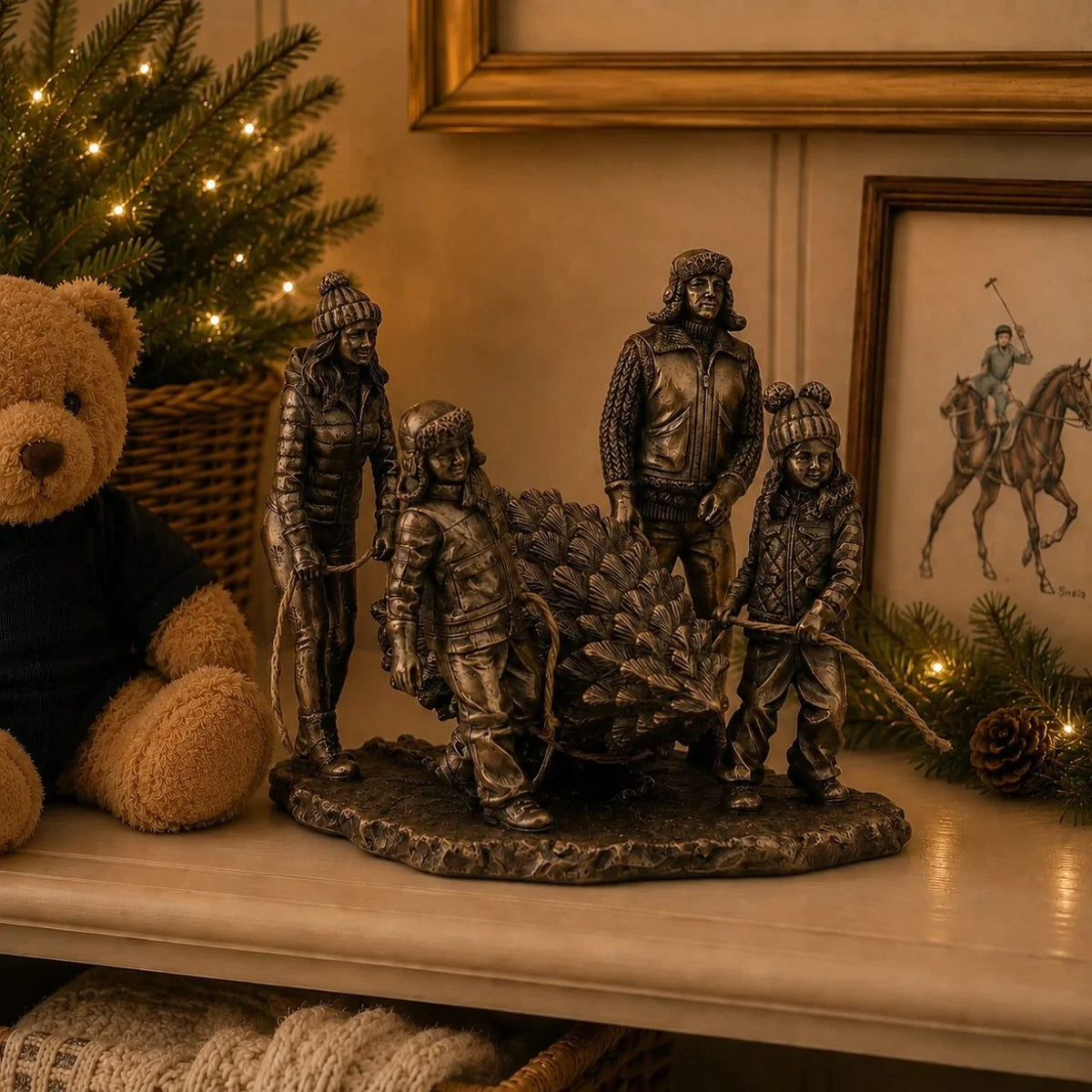 A beautiful bronze coloured Christmas decoration, by Genesis Ireland. Depicting a family going to get the Christmas Tree. Let the magic of Christmas fill your home with this gorgeous sculpture for many years to come.