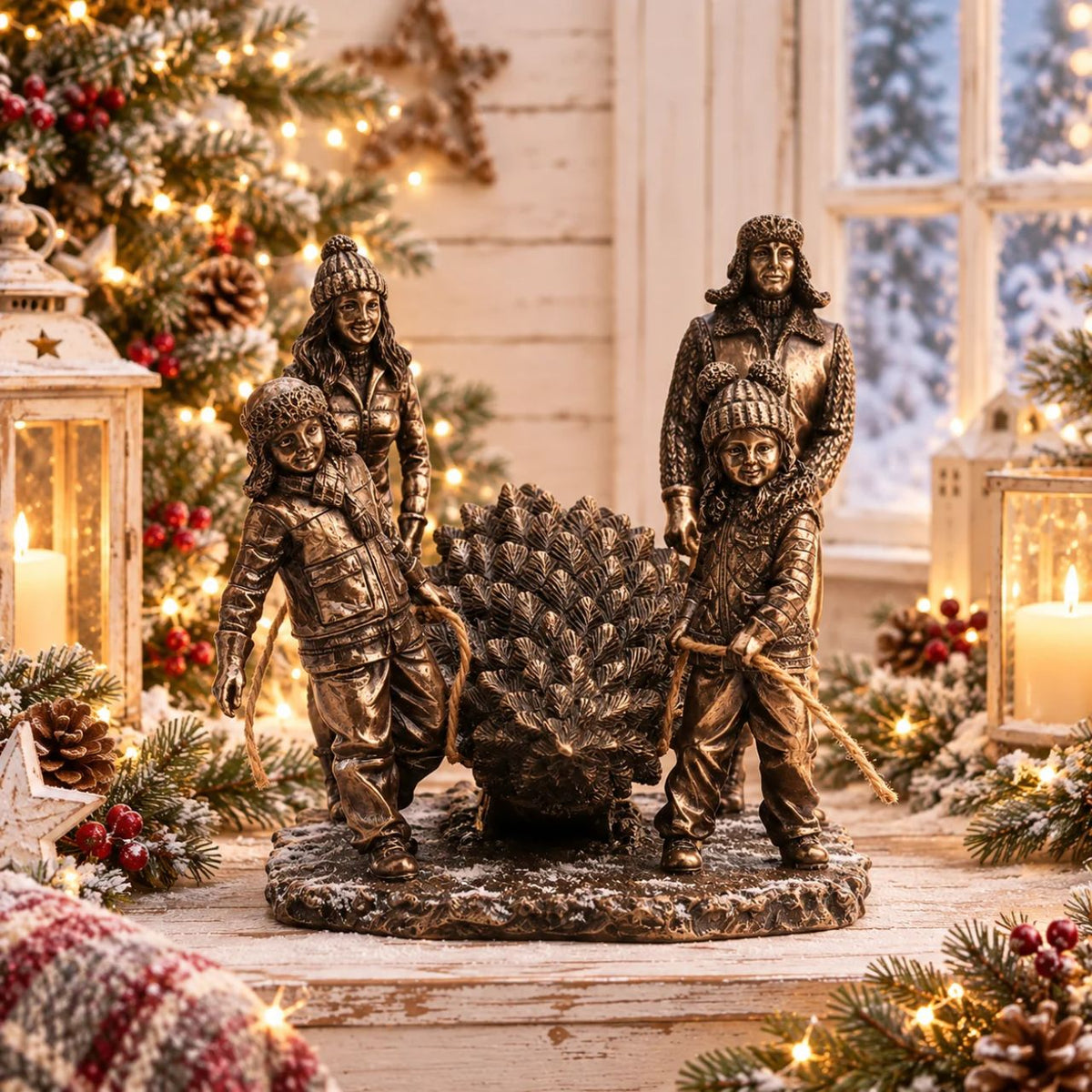 A beautiful bronze coloured Christmas decoration, by Genesis Ireland. Depicting a family going to get the Christmas Tree. Let the magic of Christmas fill your home with this gorgeous sculpture for many years to come.