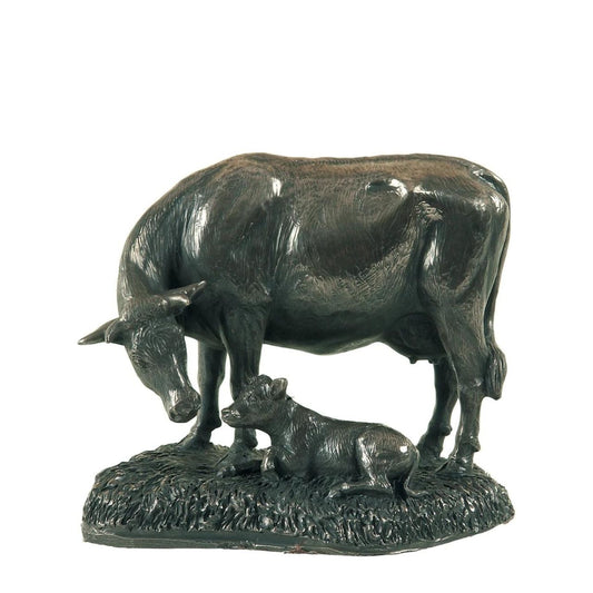 Genesis Cow and Calf  This Genesis Cow and Calf ornament is a rustic farmyard setting cast from bronze.  Genesis Fine Arts has evolved into a much loved and world famous Irish brand to produce a striking range of handcrafted cold cast bronze sculptures.