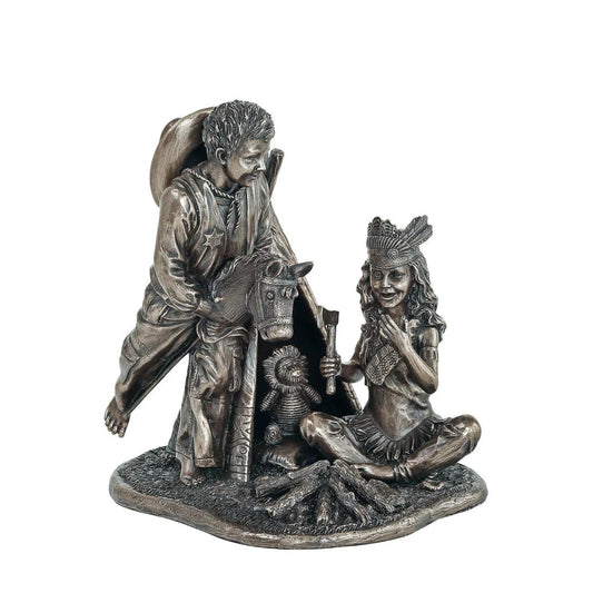 This cold cast bronze piece depicts two friends dressed up and playing cowboys and indians.