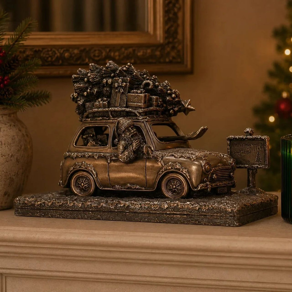 A stunning ornament that is sure to bring festive cheer to your home. This sculpture depicts a Santa driving a car to the north pole with a Christmas tree on the roof.