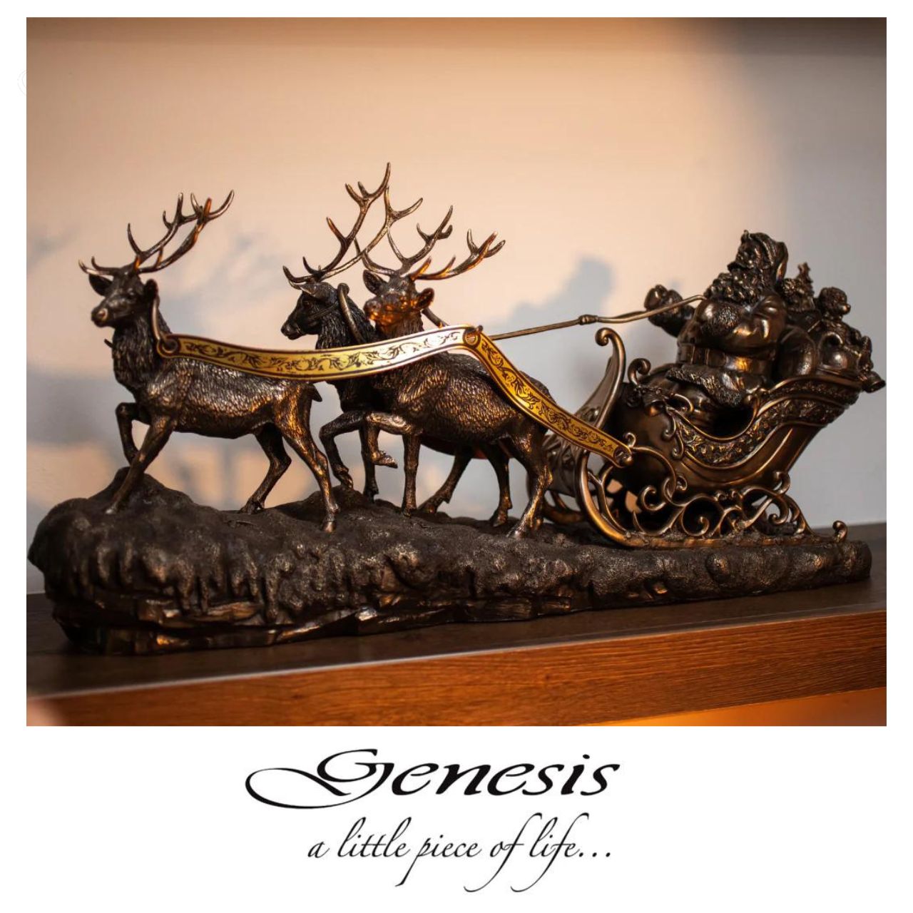 Santa on Sleigh by Genesis  Beautifully crafted from cast bronze and handcrafted, this Santa on Sleigh sculpture will make a beautiful addition to your home during the holidays. Intricately detailed, this Santa Claus features three reindeer's pulling his sleigh.