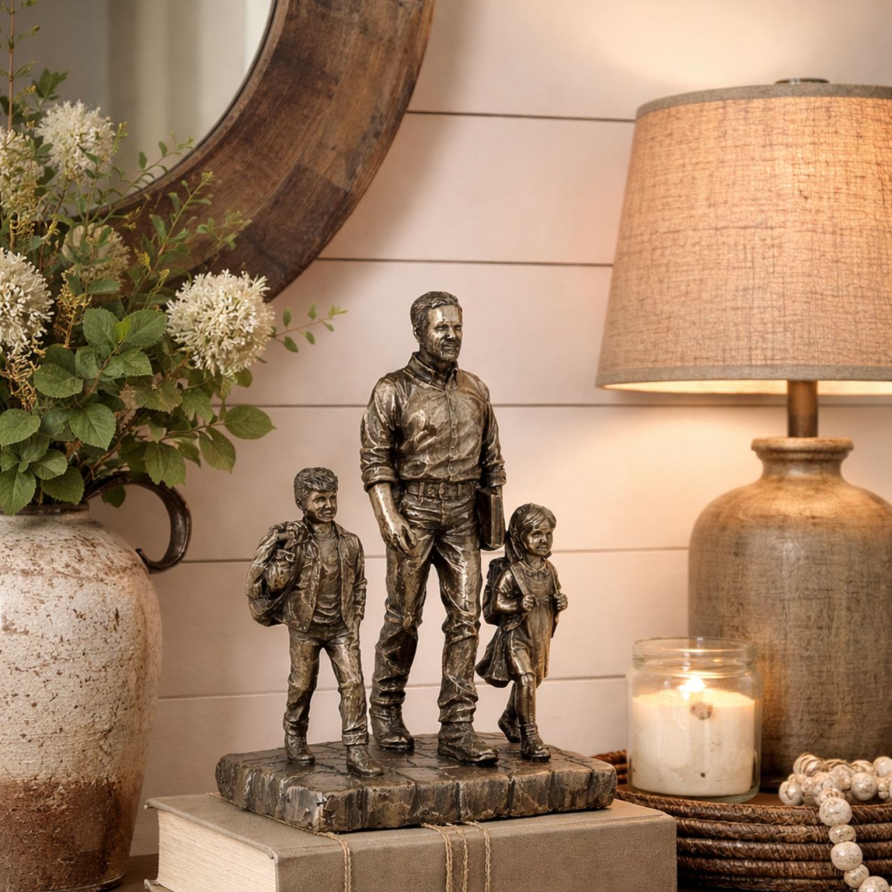 Celebrate fatherhood with this touching Father &amp; Children sculpture, showing a dad walking with his kids. Finished in an antique bronze tone, it’s a timeless gift for Father’s Day, birthdays, or family-themed décor.