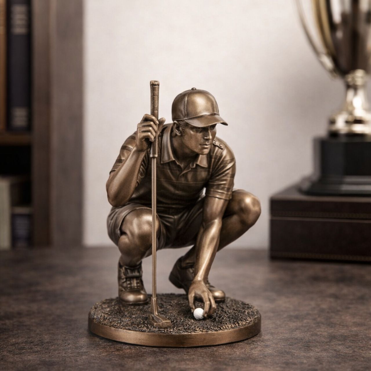This detailed sculpture depicts a golfer crouched down, lining up a putt with focus and precision. It's a perfect gift for golf enthusiasts or a classy accent for sports-themed spaces.