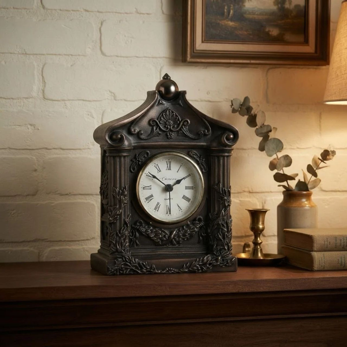 A traditionally styled cold cast bronze mantel clock featuring exquisite detailing on front and back. This mantel clock remains a popular favourite for various gift giving occasions and is suitable to add personalisation when a wooden base is added.