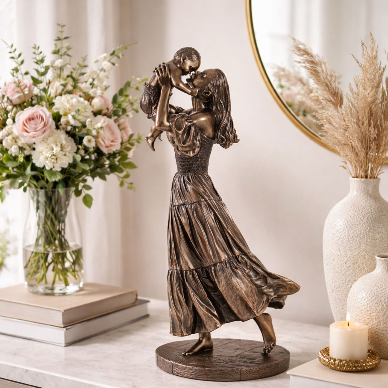 Celebrate the bond of motherhood with this heart-warming sculpture. It features a mother joyfully lifting her child in the air, capturing a moment of pure love and connection. A beautiful addition to any home or office décor.