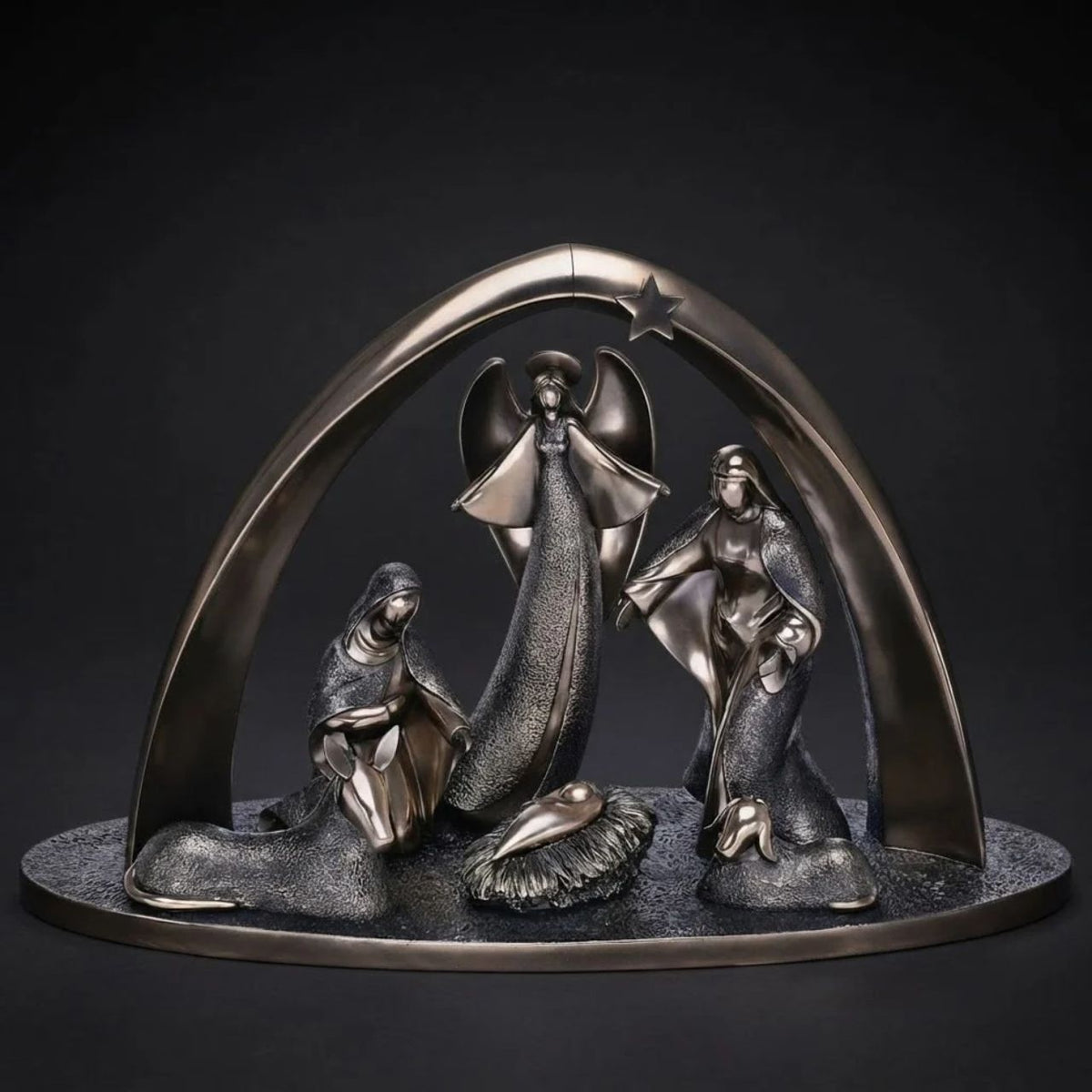 A hand crafted bronze nativity scene including angel that brings to life the story of Christmas.
