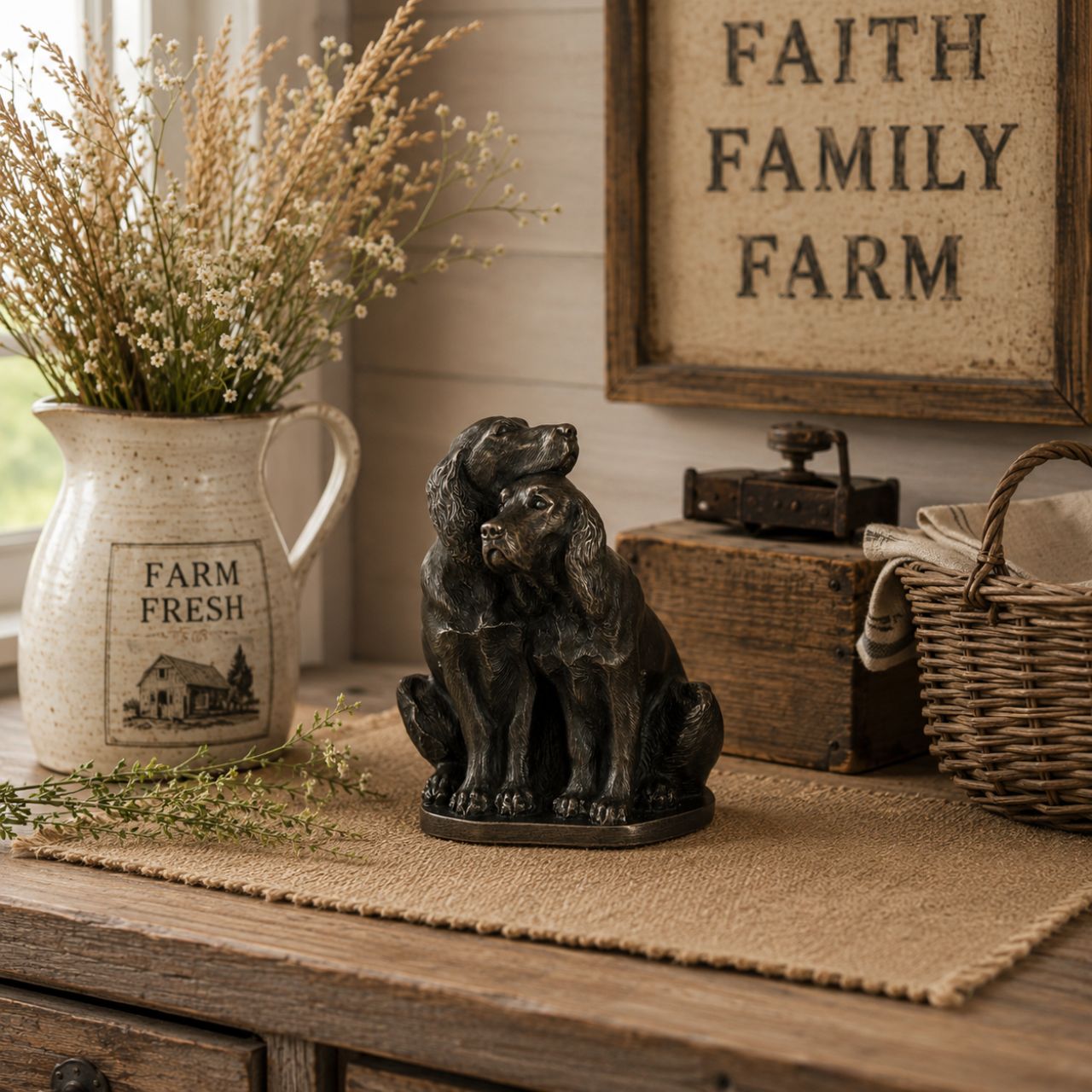 Pair of Spaniels sculpture by Genesis Ireland. Bronze coloured and beautifully crafted. this is the perfect gift for the dog lover in your life.