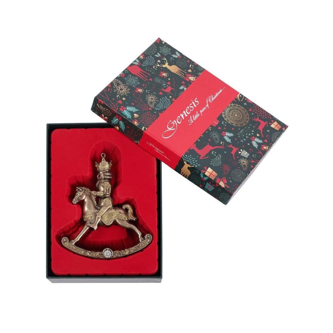 Rocking Horse Christmas Tree Ornament by Genesis  Gorgeous bronze coloured Christmas tree ornament by Genesis Ireland. With glittering gold accents, this ornament is sure to bring a sparkle to your Christmas décor.