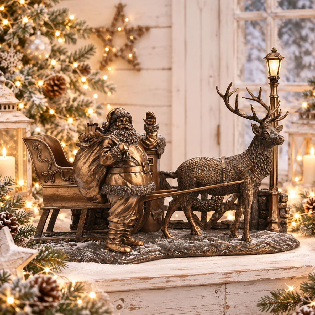 A beautiful bronze coloured Christmas decoration, by Genesis Ireland. Depicting Santa and his sleigh, ready to deliver Christmas cheer to the local village.