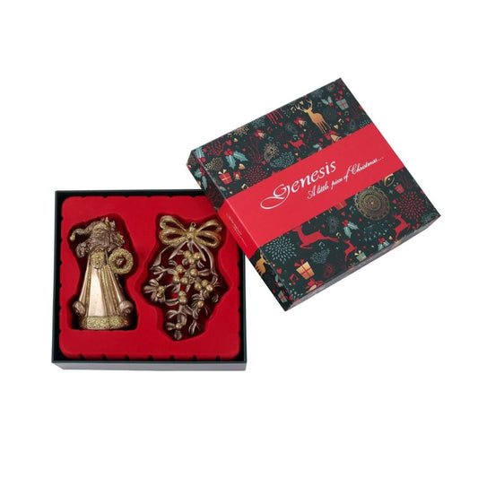 Santa & Mistletoe Christmas Tree Ornament by Genesis  Gorgeous bronze coloured Christmas tree ornaments by Genesis Ireland. With glittering gold accents, this set of two ornaments are sure to bring a sparkle to your Christmas décor.