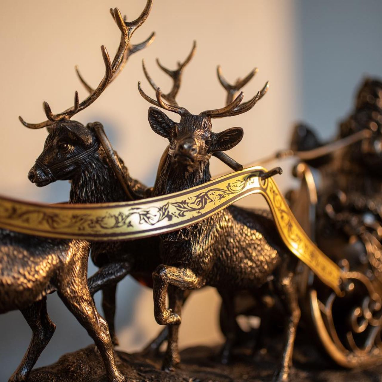 Santa on Sleigh by Genesis  Beautifully crafted from cast bronze and handcrafted, this Santa on Sleigh sculpture will make a beautiful addition to your home during the holidays. Intricately detailed, this Santa Claus features three reindeer's pulling his sleigh.