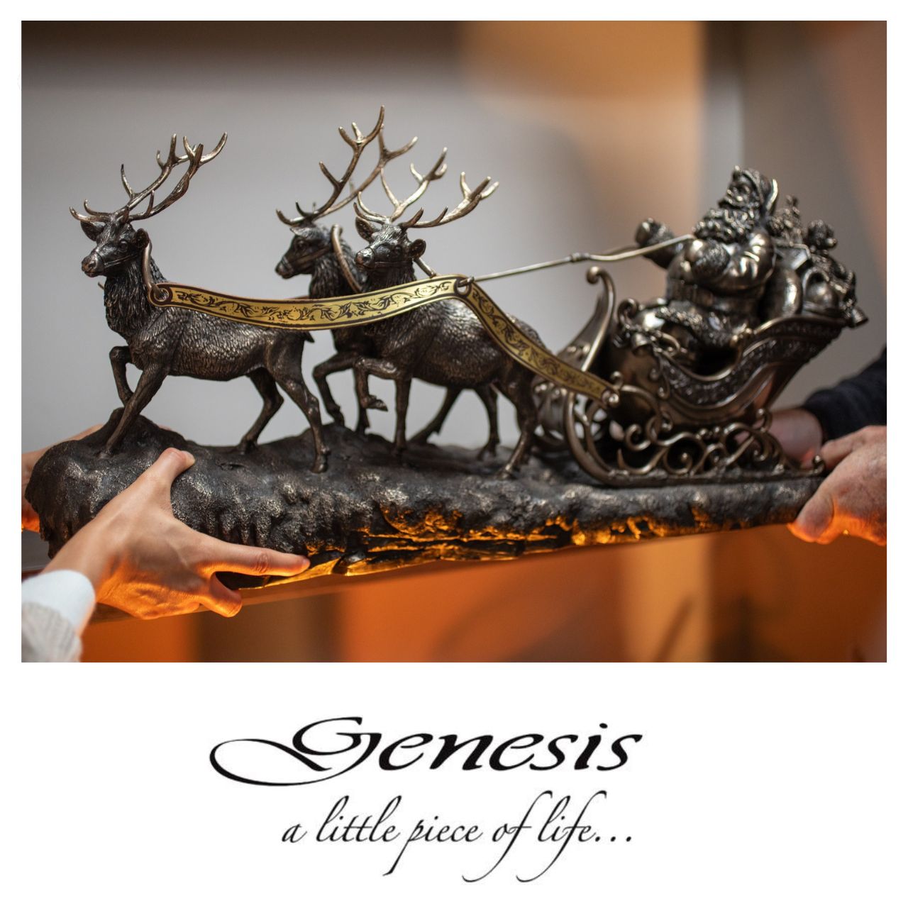 Santa on Sleigh by Genesis  Beautifully crafted from cast bronze and handcrafted, this Santa on Sleigh sculpture will make a beautiful addition to your home during the holidays. Intricately detailed, this Santa Claus features three reindeer's pulling his sleigh.