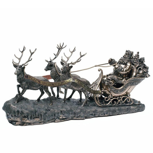Santa on Sleigh by Genesis  Beautifully crafted from cast bronze and handcrafted, this Santa on Sleigh sculpture will make a beautiful addition to your home during the holidays. Intricately detailed, this Santa Claus features three reindeer's pulling his sleigh.