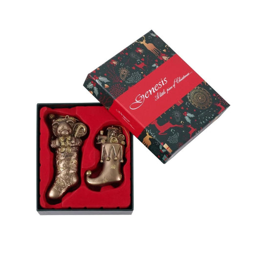 Stockings Christmas Tree Ornament by Genesis  Gorgeous bronze coloured Christmas tree ornaments by Genesis Ireland. With glittering gold accents, this set of two ornaments are sure to bring a sparkle to your Christmas décor.