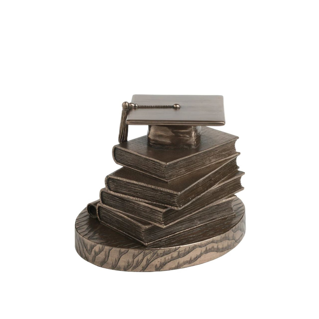 Celebrate academic achievement with this timeless Graduation Cap &amp; Books Sculpture. The piece showcases a stacked arrangement of textbooks each titled with inspirational subjects like Physics & Anatomy, Law and Social Justice, and Start-ups & Action Plans.