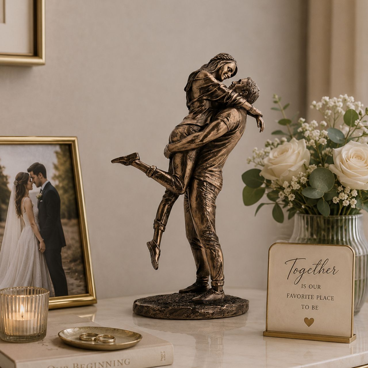 A beautiful bronze coloured statue of a couple in a loving embrace.