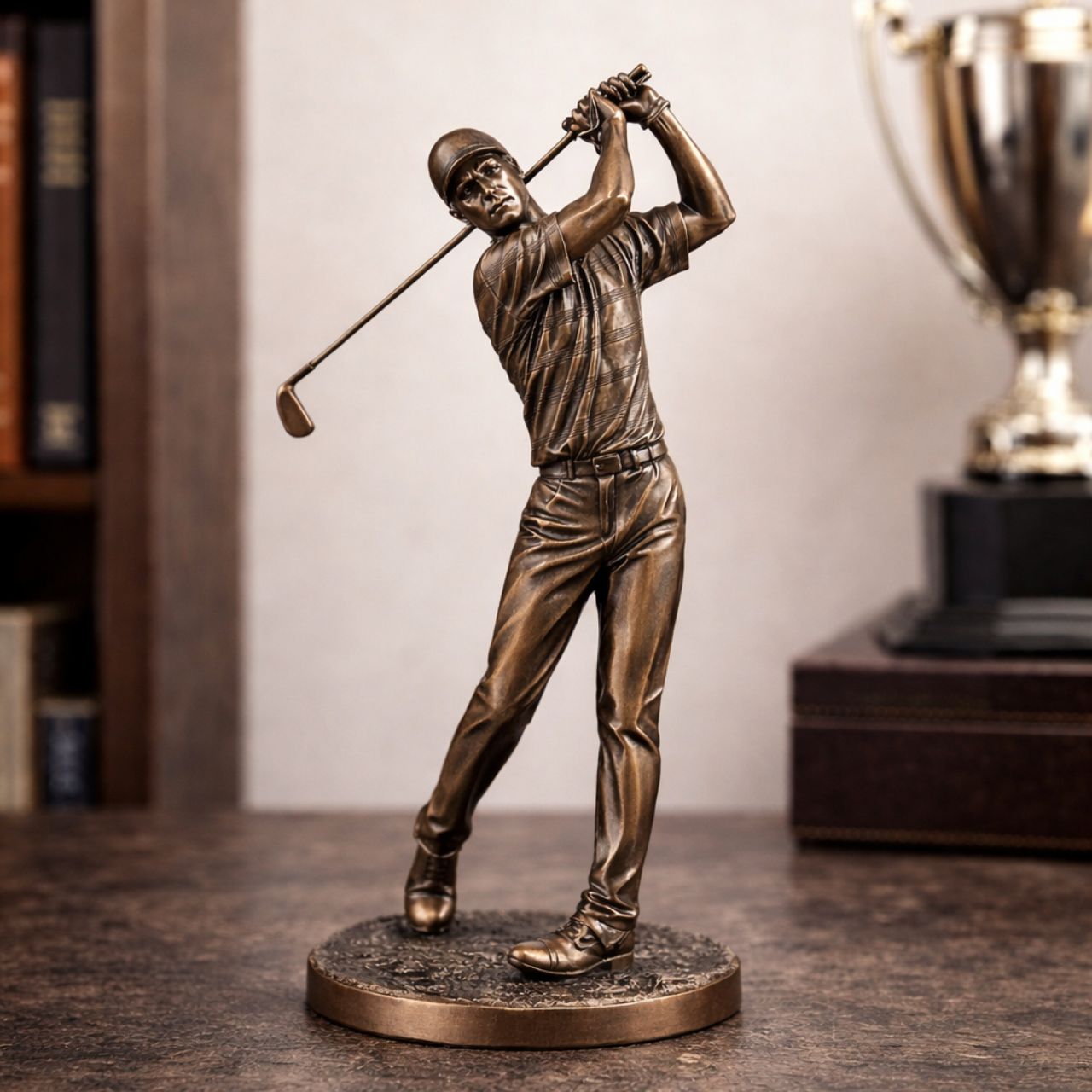 Capture the elegance and power of the golf swing with this dynamic sculpture. The golfer is shown in mid-swing, making it a striking piece for offices, trophy displays, or any golf lover's collection.
