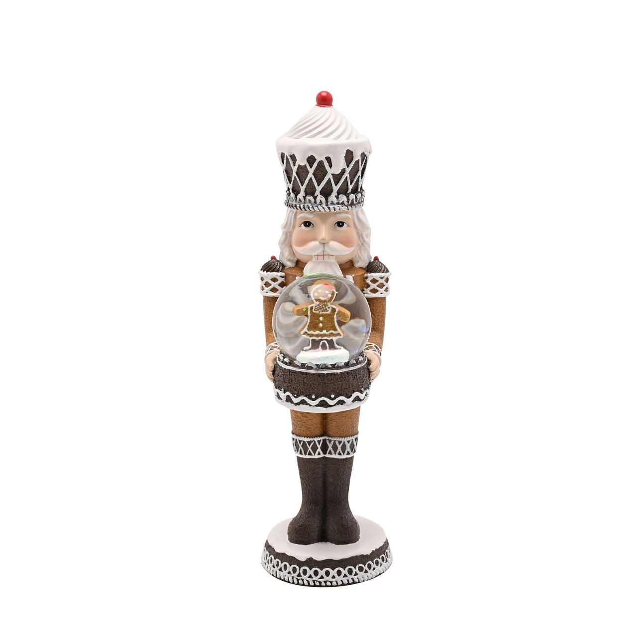 Bring festive cheer to your displays with the Santa & Friends Dark Gingerbread Nutcracker Holding a Globe - 23cm, a wonderfully detailed piece perfect for the season.