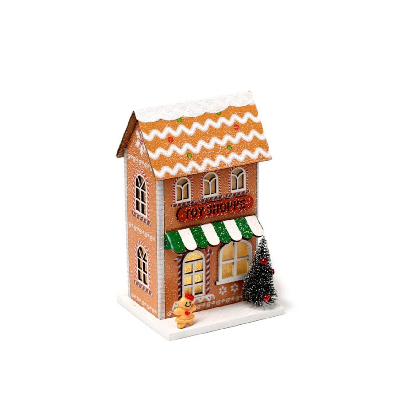 The Gingerbread Toy Shoppe Christmas House LED Decoration brings elegant holiday charm to your home. Featuring warm LED lighting, this finely detailed piece captures the nostalgic spirit of a festive toy shoppe, perfect for creating a refined seasonal ambiance.