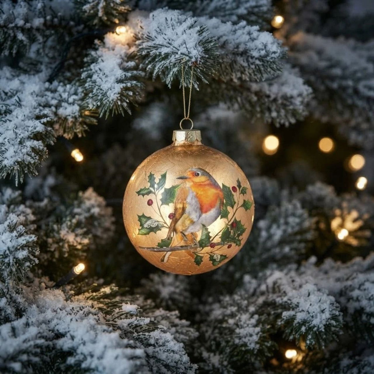 Elevate your festive décor with these exquisite Gisela Graham Christmas baubles, featuring a refined antique gold finish paired with charming robin motifs.