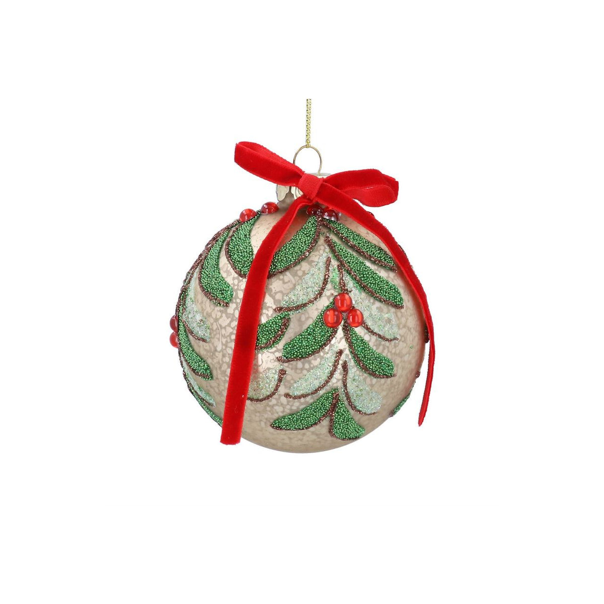 Elevate your festive décor with this exquisite Gisela Graham Christmas bauble. Crafted in antique gold with delicate vine detailing and a striking red bow accent, this elegant ornament brings timeless sophistication to any Christmas tree.