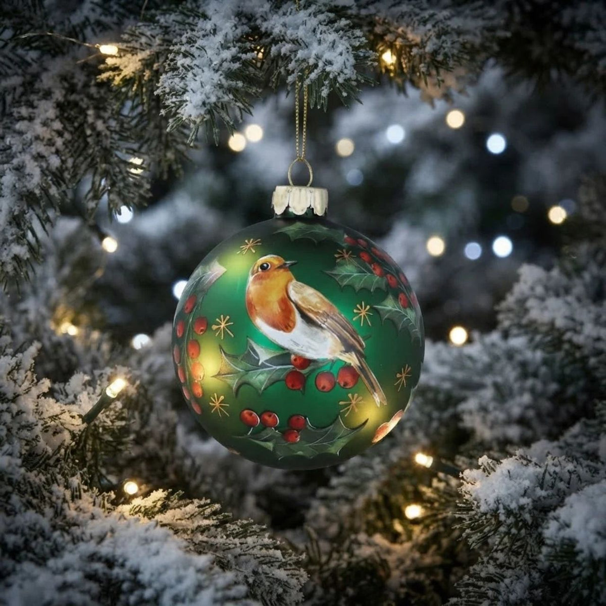 Celebrate the festive season with the Gisela Graham Matt Forest Green Robin & Holly Christmas Glass Bauble. This elegant bauble features a delicate robin perched amidst holly leaves, rendered in a refined matte forest green finish.