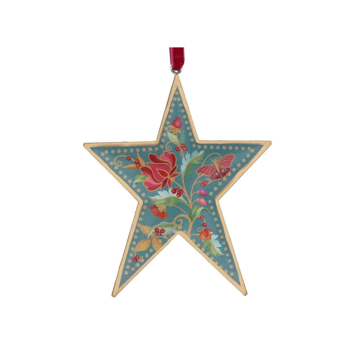 Bring festive charm to your tree with this exquisite Gisela Graham Blue Floribunda Heart &amp; Star Hanging Ornament. Crafted from 100% tin, this delicate piece features intricate blue floribunda detailing in a charming dual design—choose between a heart or star shape to suit your décor style.