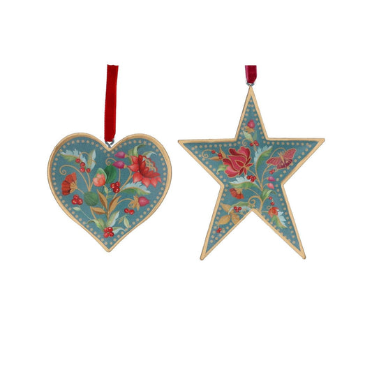 Bring festive charm to your tree with this exquisite Gisela Graham Blue Floribunda Heart &amp; Star Hanging Ornament. Crafted from 100% tin, this delicate piece features intricate blue floribunda detailing in a charming dual design—choose between a heart or star shape to suit your décor style.