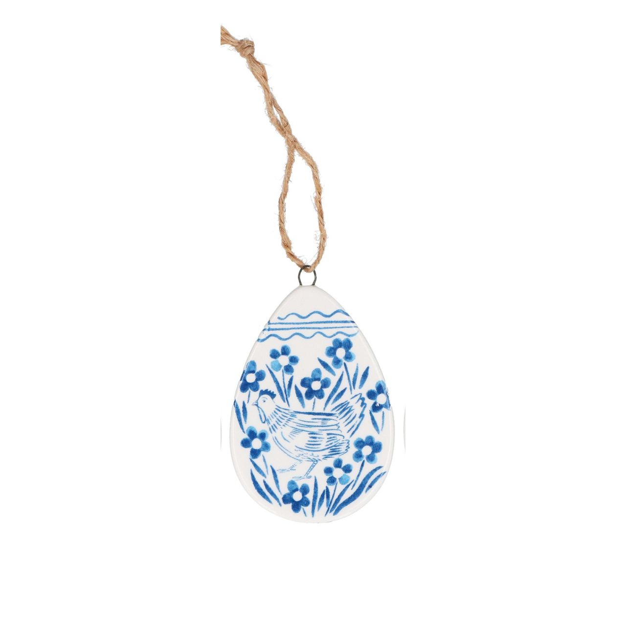 A charming ceramic egg decoration featuring a classic blue and white pattern, perfect for adding a touch of elegance to your home.