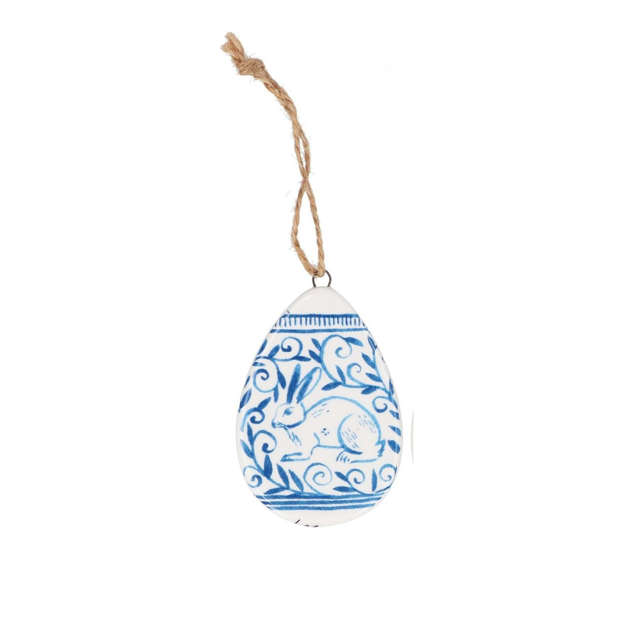 A charming ceramic egg decoration featuring a classic blue and white pattern, perfect for adding a touch of elegance to your home.