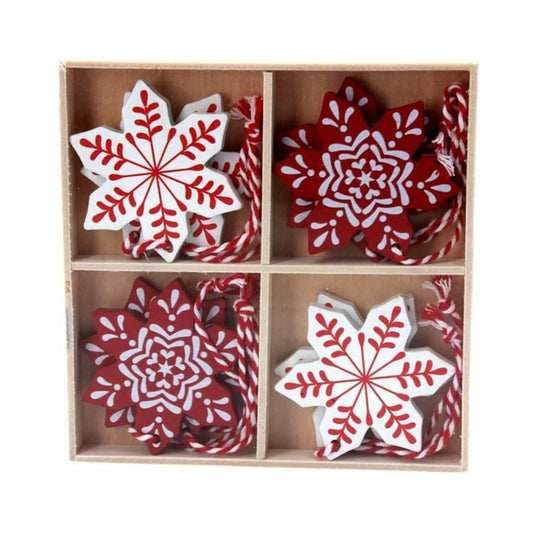 Gisela Graham Box of 8 Scandinavian Decorations - Red & White Snowflakes