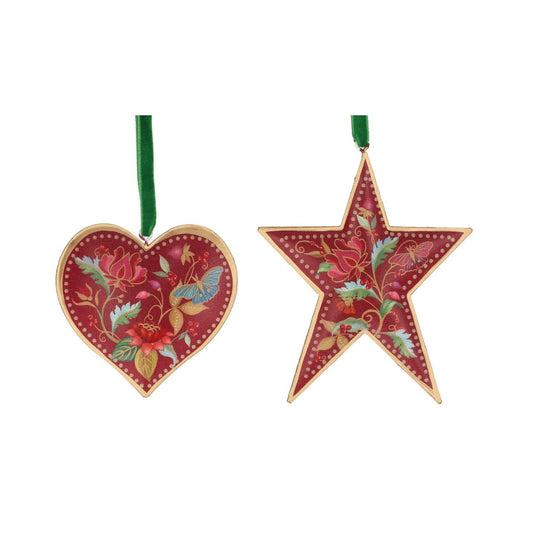 Bring festive charm to your tree with this exquisite Gisela Graham Burgundy Floribunda Heart &amp; Star Hanging Ornament. Crafted from 100% tin, this delicate piece features intricate burgundy floribunda detailing in a charming dual design—choose between a heart or star shape to suit your décor style.