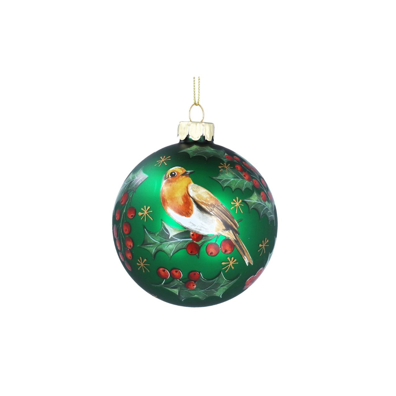 Celebrate the festive season with the Gisela Graham Matt Forest Green Robin &amp; Holly Christmas Glass Bauble. This elegant bauble features a delicate robin perched amidst holly leaves, rendered in a refined matte forest green finish.